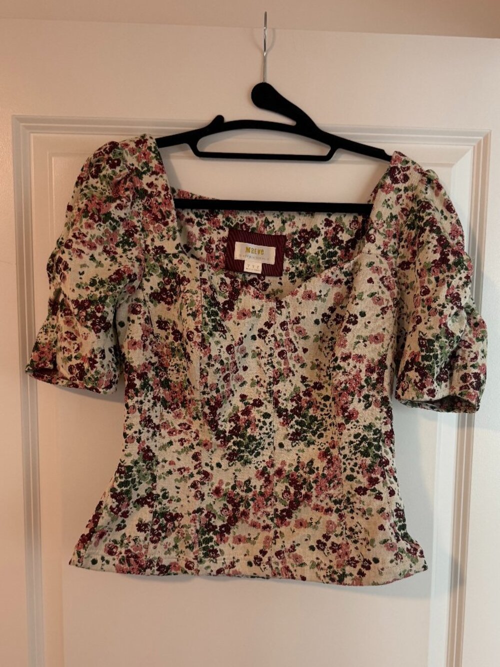 Maeve Anthropologie Floral Puff Sleeve Square Neck Top